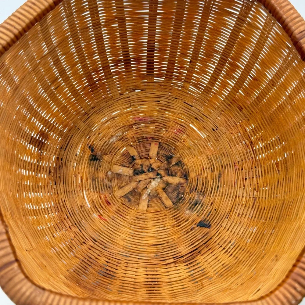 Vintage woven Wicker Basket Brown Boho Hexagonal Storage Decor Cottagecore